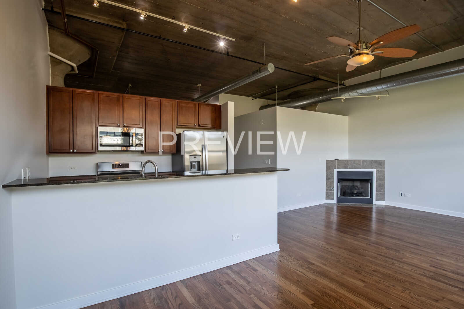 1071 West 15th Street, Unit 351 Chicago, IL 60608 - Photo 7 of 12 a kitchen with stainless steel appliances granite countertop a stove a microwave oven a sink with wooden cabinets and wooden floor