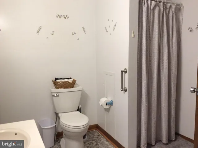 a bathroom with a toilet and a shower curtain