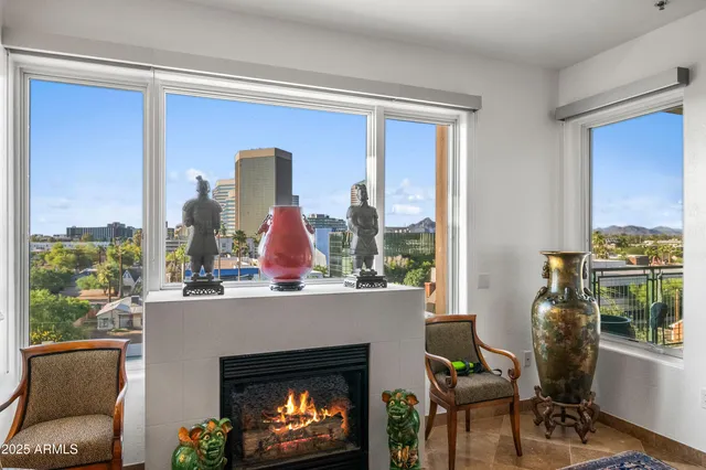 a view of a balcony with city view