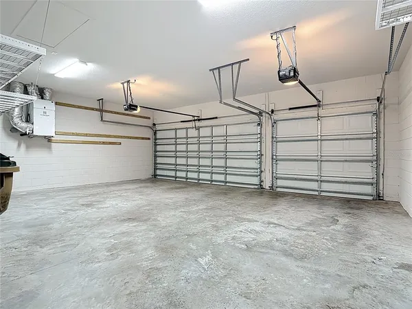 a view of a garage with storage