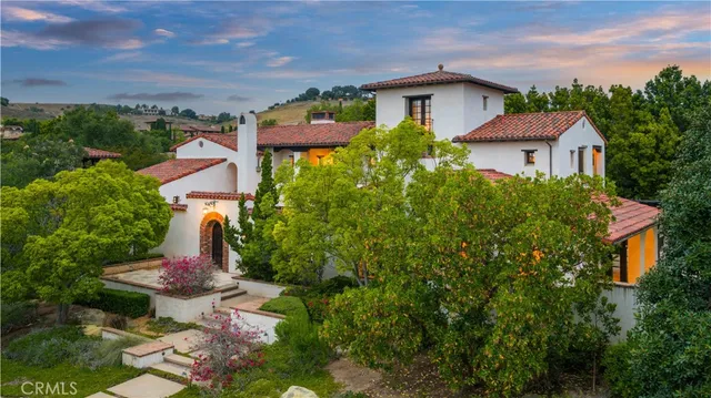 a view of a house with a yard and potted plants