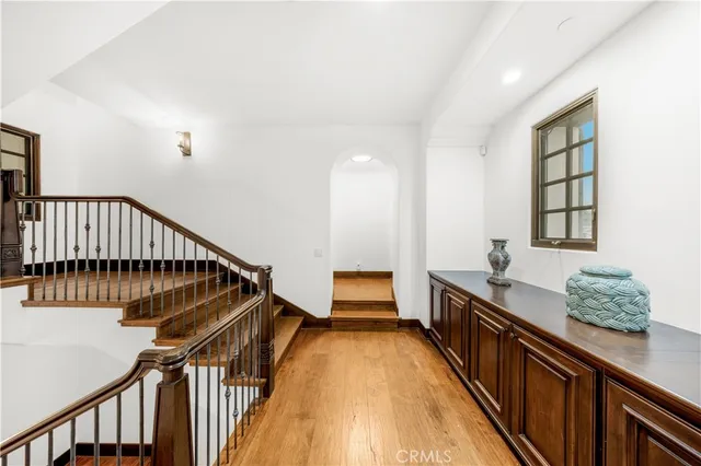 a kitchen with a refrigerator and countertop