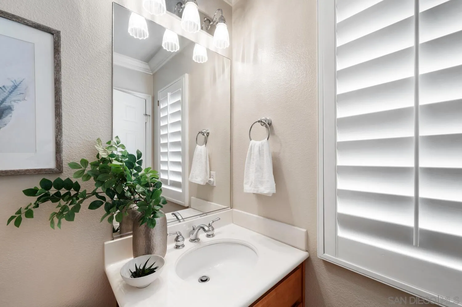 6891 Tradewinds Drive Carlsbad, CA 92011 - Photo 22 of 55 a bathroom with a sink a potted plant and a mirror