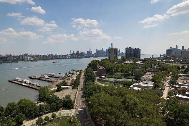 a view of a lake with a city