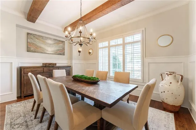 a view of a dining room with furniture large window and wooden floor