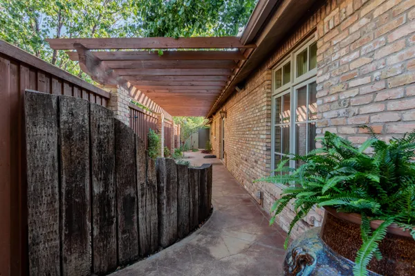 a view of a backyard with plants and wooden fence