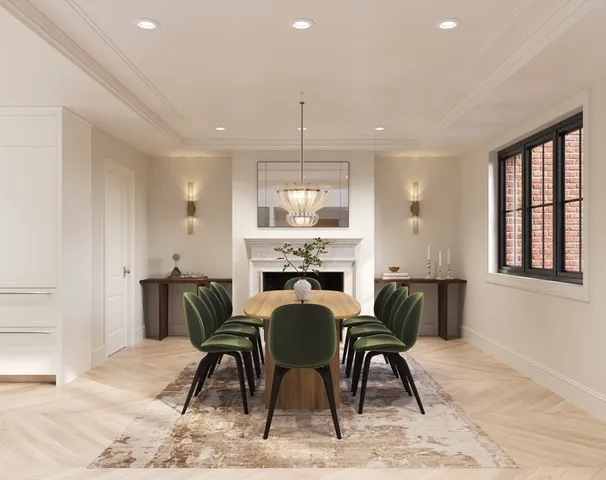 a view of a dining room with furniture and window