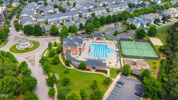 an aerial view of a backyard