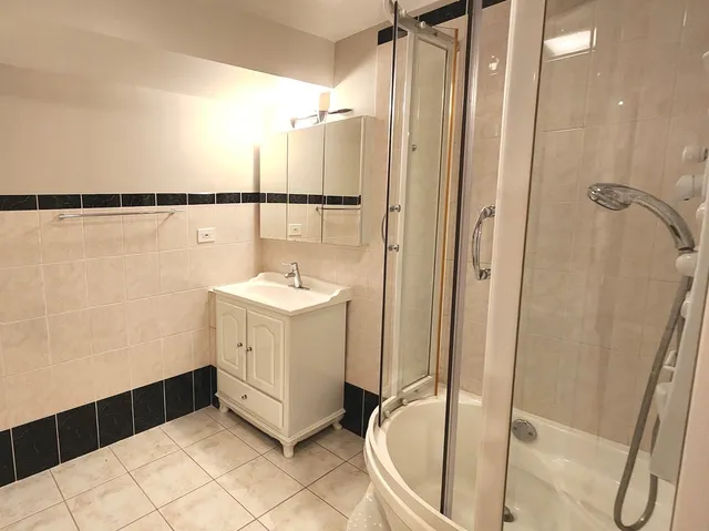 a bathroom with a shower toilet and sink