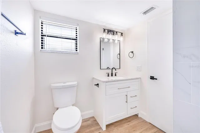 a bathroom with a toilet a sink a mirror and vanity