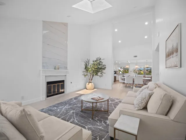 a living room with furniture a fireplace and a potted plant