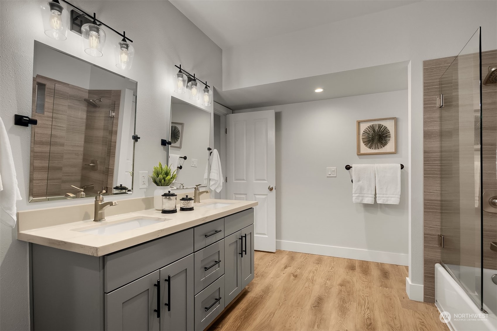 14741 209th Avenue Southeast Renton, WA 98059 - Photo 34 of 39 a bathroom with a double vanity sink mirror and shower