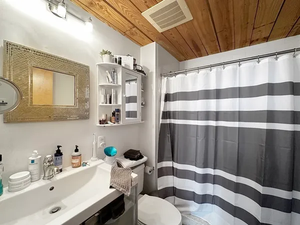 a bathroom with a sink toilet and shower