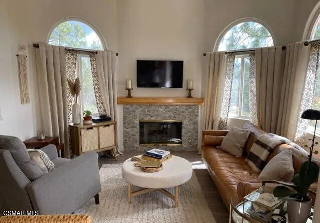 a living room with furniture a fireplace and a flat screen tv