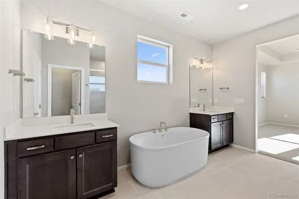 a bathroom with a double vanity sink a mirror and a bathtub