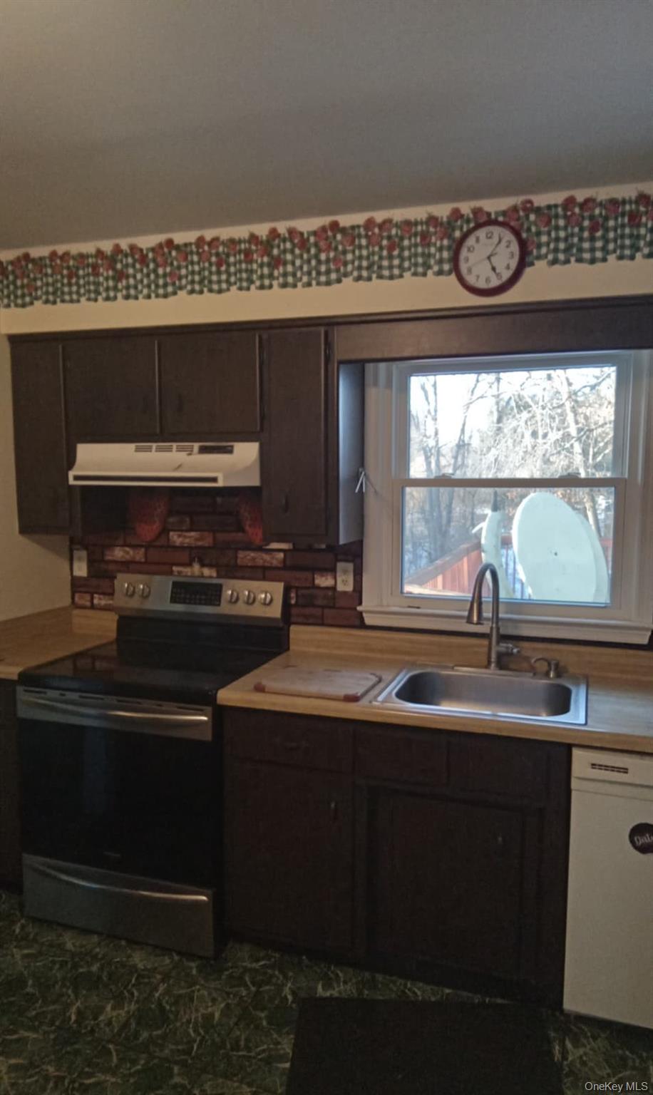 88 Barnes Road Blooming Grove, NY 10992 - Photo 3 of 12 Kitchen with dark brown cabinets, electric stove, under cabinet range hood, white dishwasher, and light countertops