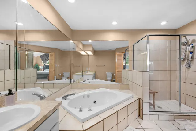 a bathroom with a tub sink and mirror