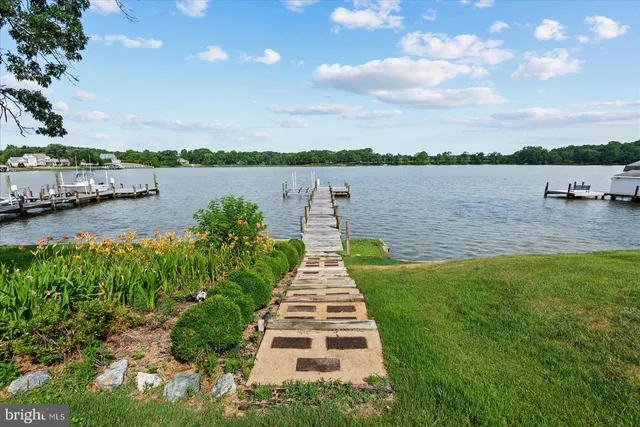 a view of a lake with houses in the back