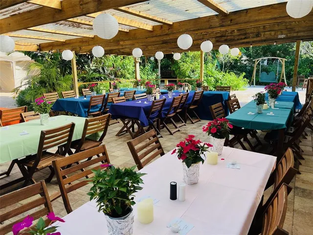 a view of a patio with a table chairs and a potted plant