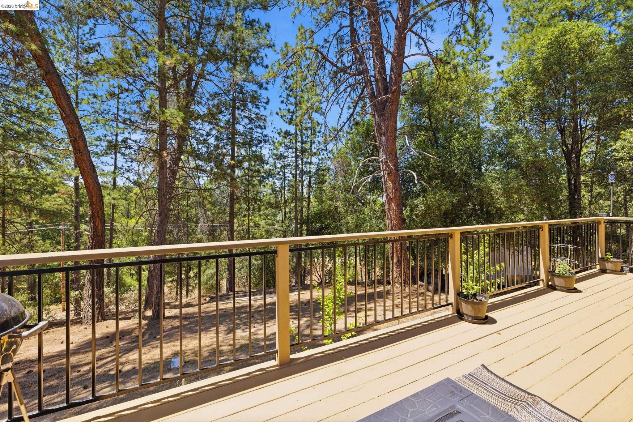 19059 Raboul Court Groveland, CA 95321 - Photo 16 of 21 Expansive wood-finish deck featuring a black metal railing with wood posts, surrounded by mature trees