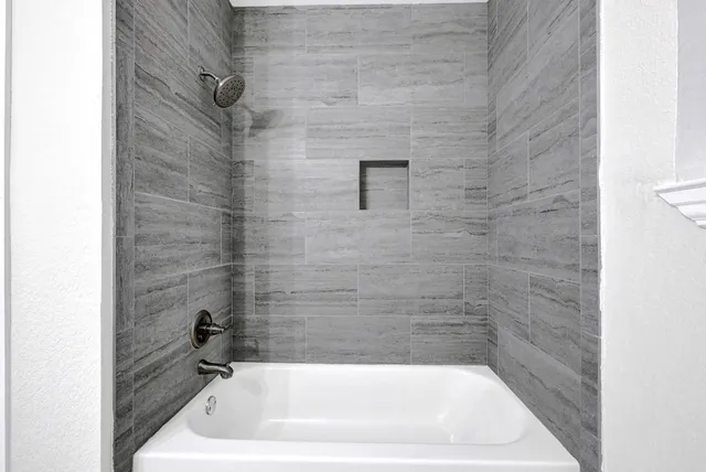 a bathroom with a bathtub