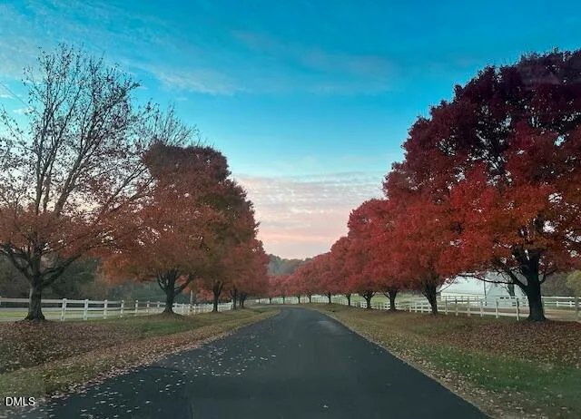 a view of a street with a house in the background