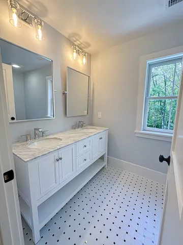 a bathroom with a double vanity sink a mirror and a