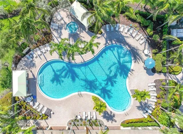 an aerial view of a swimming pool