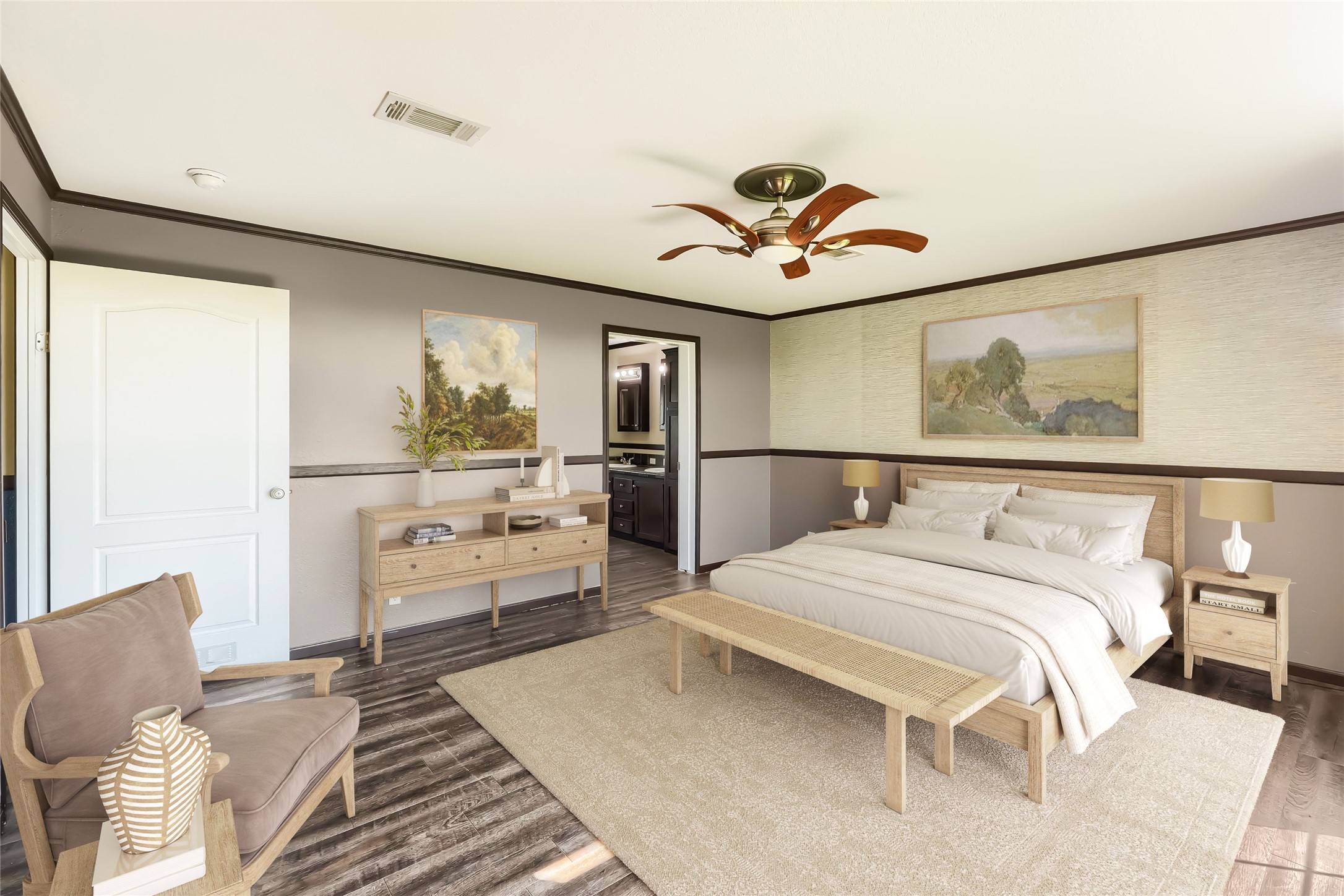 401 Graef Road Kyle, TX 78640 - Photo 15 of 30 A tranquil primary bedroom features rich wood flooring, a subtle rug, and a modern ceiling fan for ultimate comfort.