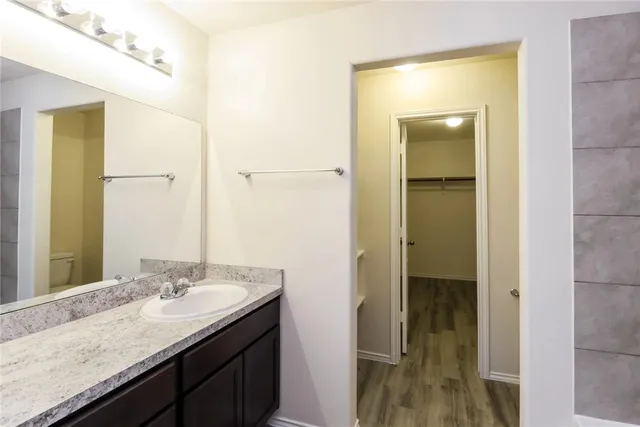 a bathroom with a granite countertop sink and a mirror