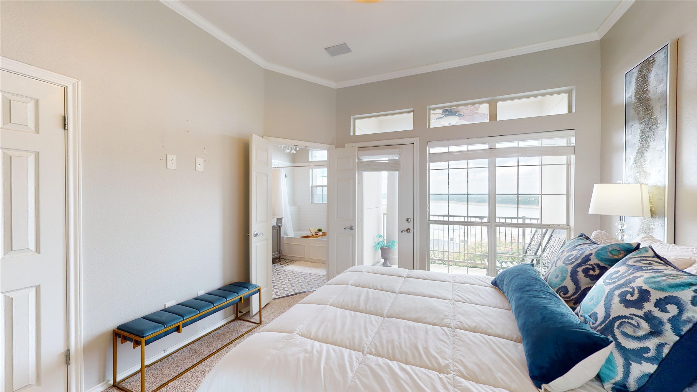 2918 Ranch Road 620, Unit 297 Austin, TX 78734 - Photo 28 of 37 Bedroom featuring light carpet, crown molding, and access to exterior