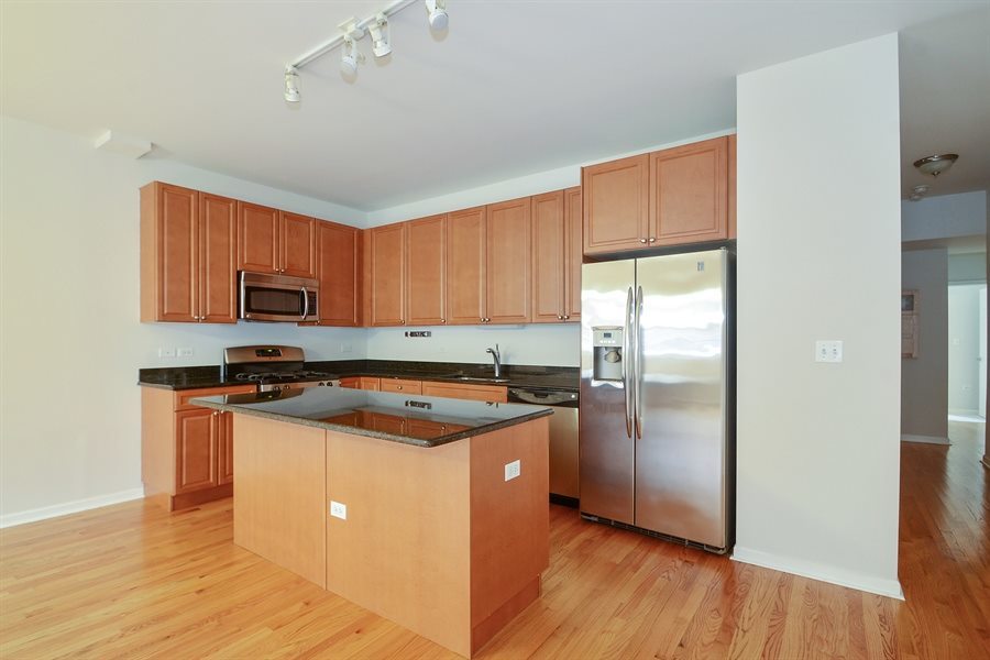 1421 South Halsted Street, Unit 1A Chicago, IL 60607 - Photo 6 of 15 a kitchen with stainless steel appliances granite countertop a refrigerator a stove top oven a sink and dishwasher with wooden floor