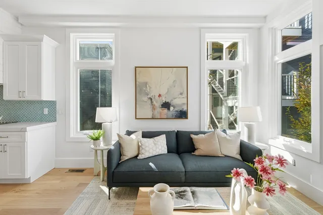 a living room with furniture and a potted plant