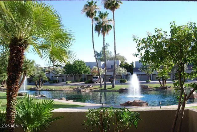 a view of a swimming pool with a lounge chair and palm trees