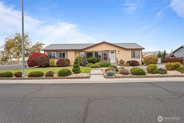 a front view of a house with a yard and potted plants