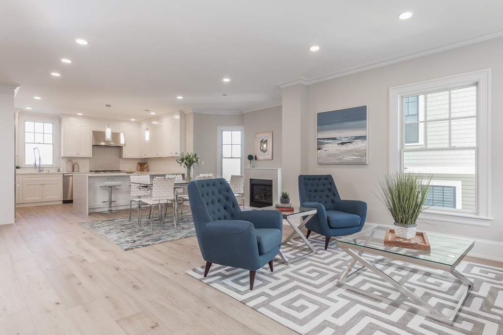 31 Summit Avenue, Unit 1 Brookline, MA 02446 - Photo 5 of 18 a living room with furniture and a dining table with kitchen view