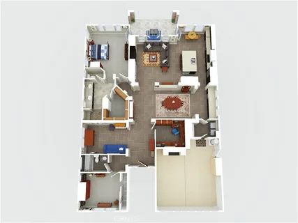 a view of a patio with table and chairs and a large tree