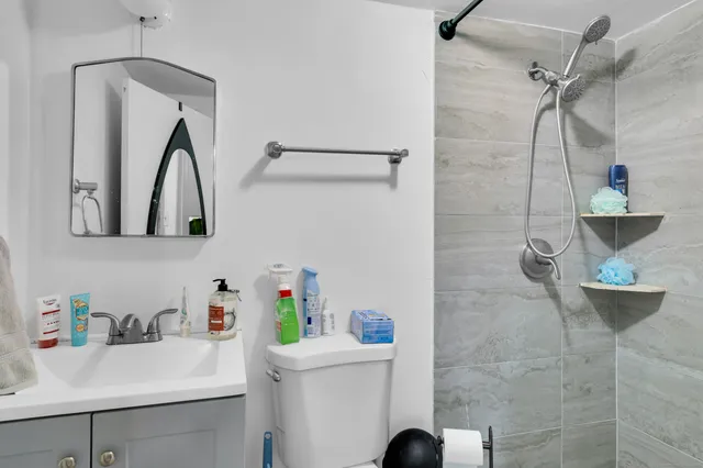 a bathroom with a sink mirror and toilet
