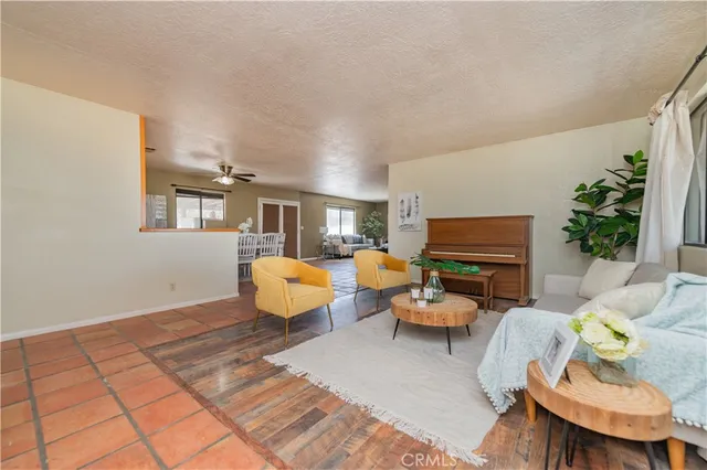 a living room with furniture a fireplace and a potted plant