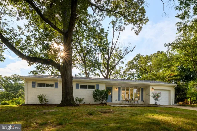 a house that has a large tree in front of a white house