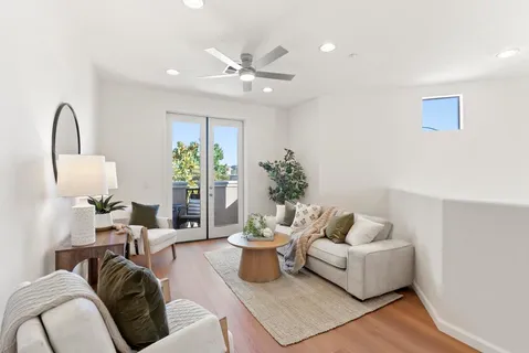a living room with furniture and a potted plant