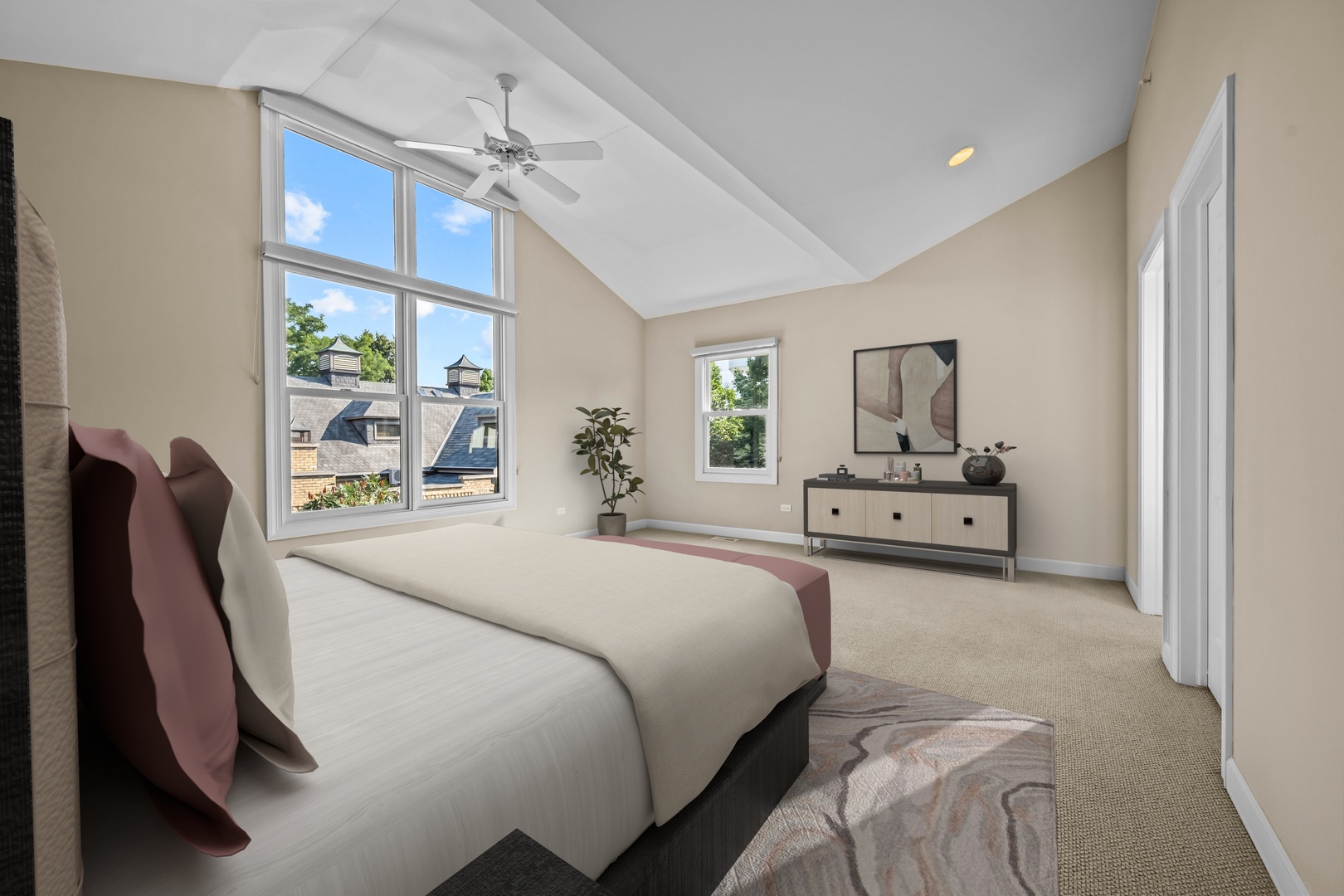 738 Lyster Road Highwood, IL 60040 - Photo 6 of 16 a spacious bedroom with a bed a chandelier and a large window