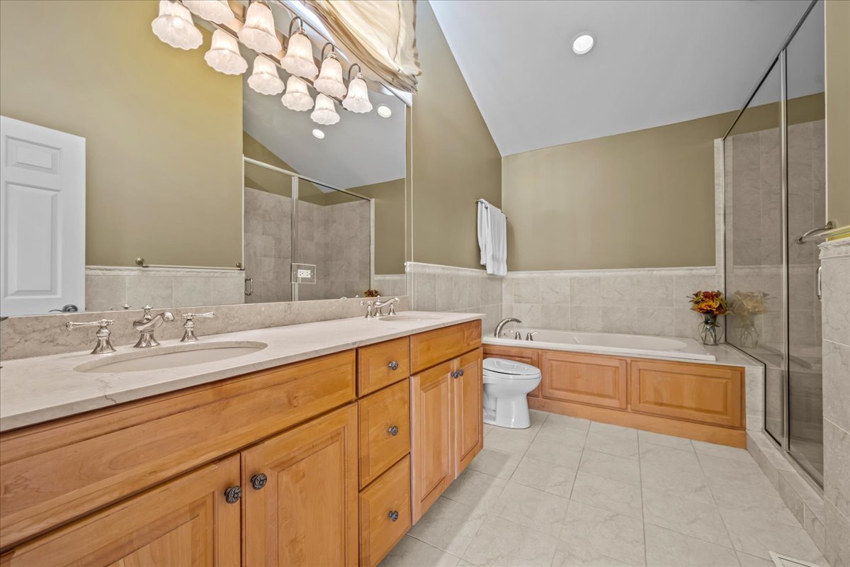 738 Lyster Road Highwood, IL 60040 - Photo 7 of 16 a bathroom with a granite countertop sink a toilet a mirror a bathtub and shower