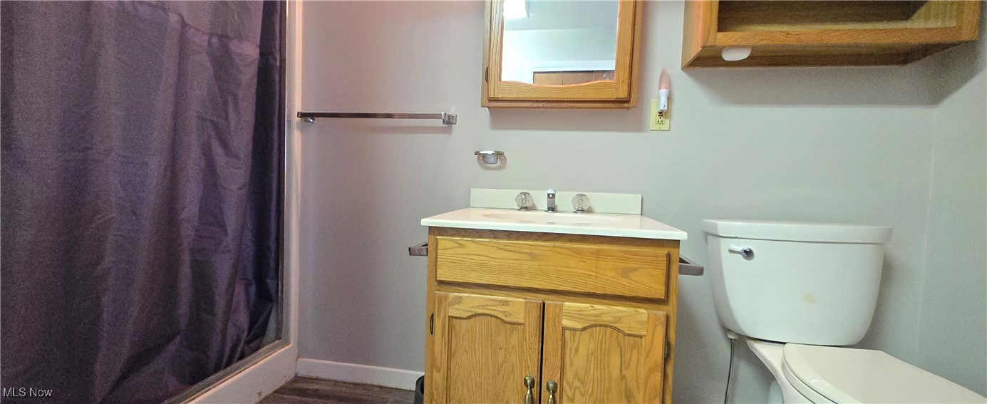 2707 Merriweather Road Sandusky, OH 44870 - Photo 27 of 28 Bathroom featuring walk in shower, vanity, toilet, and wood-type flooring