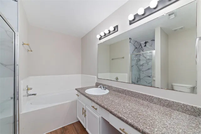 a bathroom with a granite countertop double vanity sink a mirror and a bathtub