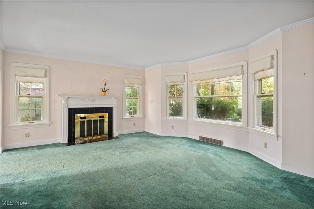 Unfurnished living room featuring crown molding, carpet flooring, and a fireplace