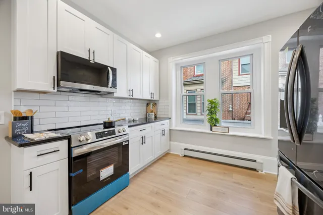a kitchen with stainless steel appliances a stove microwave and sink