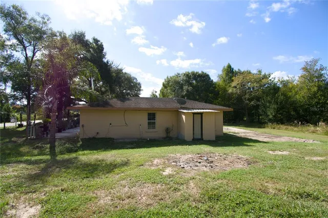 a backyard of a house with plants and large tree