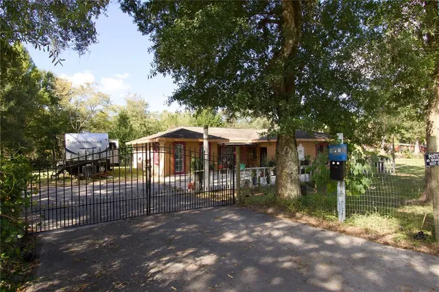a view of a house with a small yard and a large tree
