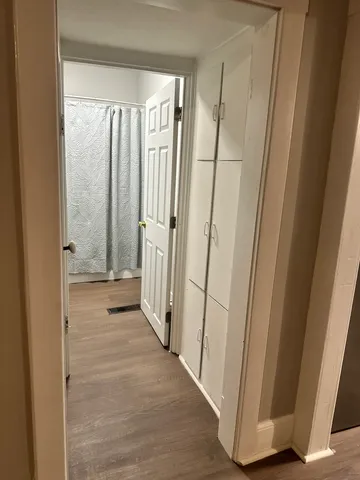 a view of a bathroom with a tub